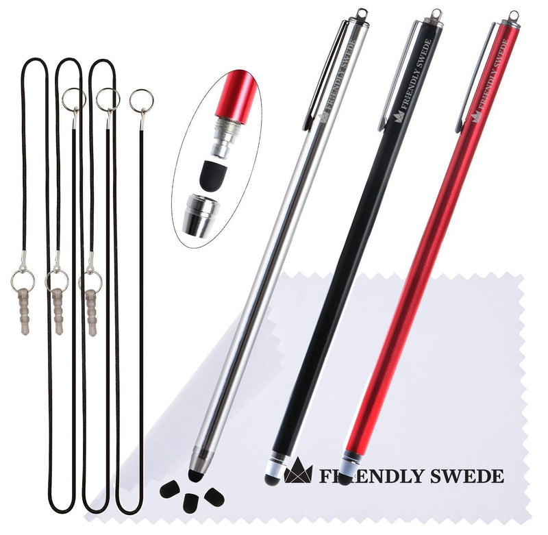 [Australia - AusPower] - Extra Long - Bundle of 3 Thin-Tip High Precision Universal Capacitive Stylus Pens 7.3'' + Extra 3 Replaceable Tips + 2 x 15'' Elastic Tether Lanyards + Cleaning Cloth (Red+ Black + Silver) Red+ Black + Silver 