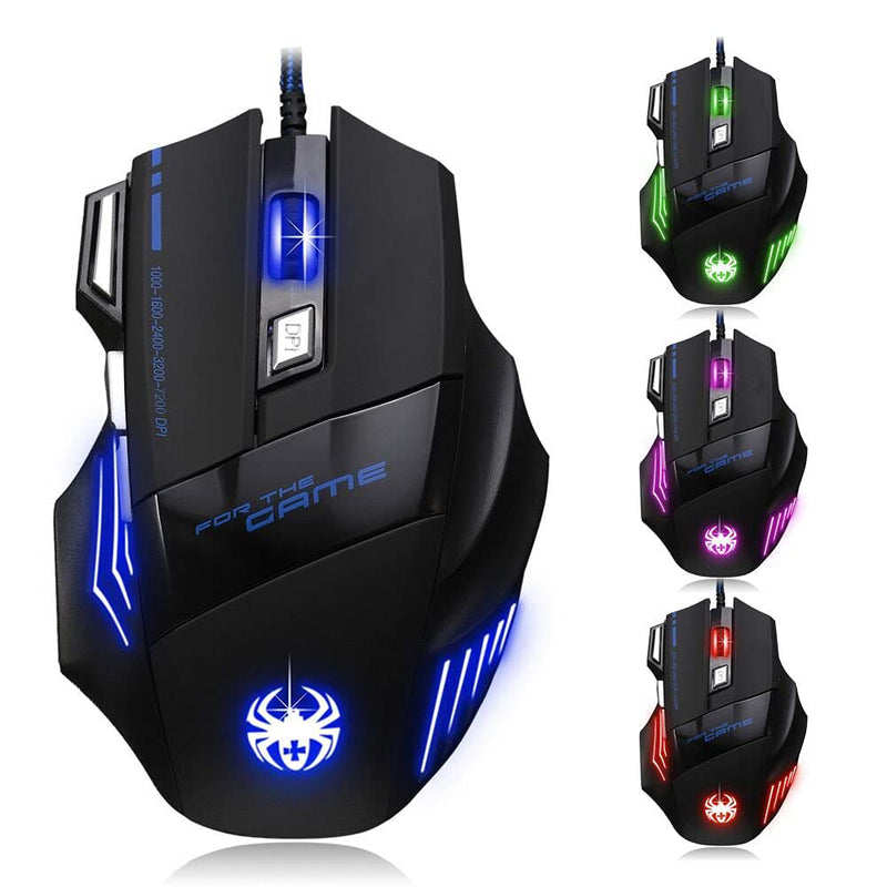 [Australia - AusPower] - AFUNTA Zelotes Ergonomic 7200 DPI LED Optical Wired Gaming Mouse Mice 7 Buttons Compatible Mac Pro Gamer PC Laptop Desktop Notebook-Black Black(T80) 