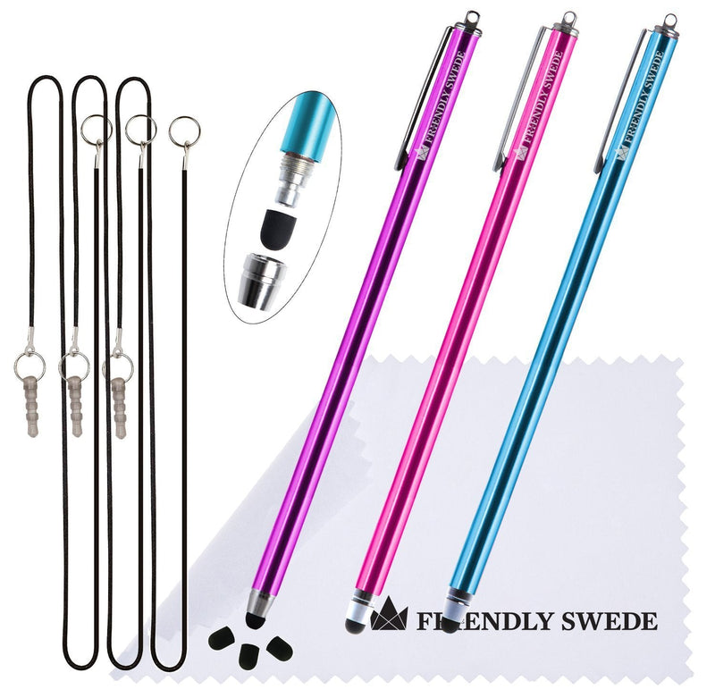 [Australia - AusPower] - Extra Long - Bundle of 3 Thin-Tip High Precision Universal Capacitive Stylus Pens 7.3'' + Extra 3 Replaceable Tips + 2 x 15'' Elastic Tether Lanyards + Cleaning Cloth (Hot Pink + Purple + Aqua Blue) Hot Pink + Purple + Aqua Blue 