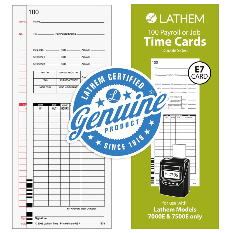 [Australia - AusPower] - Lathem Time Cards, F/7000E, Numbered 1-100, 2-Sided, 3 3/8" x 9", White, Pack of 100 