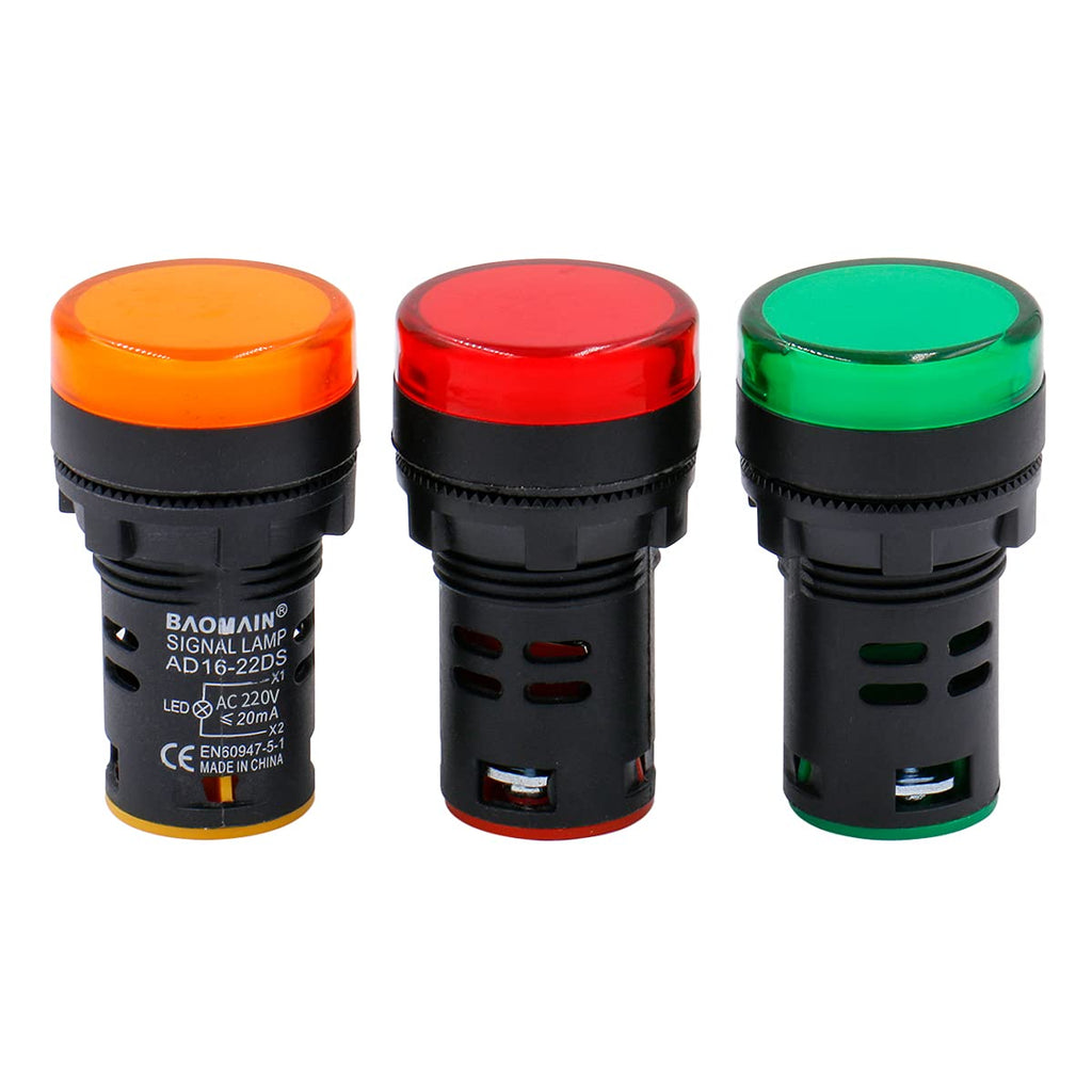 [Australia - AusPower] - Baomain AD16-22D/S31 AC220V 20mA Energy Saving LED Indicator Light Green Yellow Red 3Pcs 