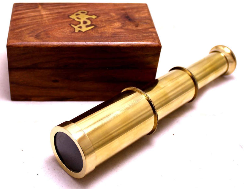 [Australia - AusPower] - Captains 6" Brass Handheld Mini Telescope with Wooden Box Nautical Collectibles 