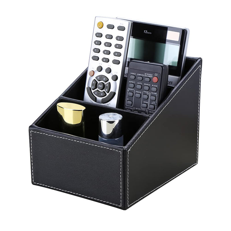 [Australia - AusPower] - KINGFOM Remote Control Holder with 3 Compartments Pu Leather Remote Caddy Desktop Organizer Store Brush, Pencil, TV Guide, DVD, CD, Blu-Ray, Media Player, Heater Controllers(Black) Black 