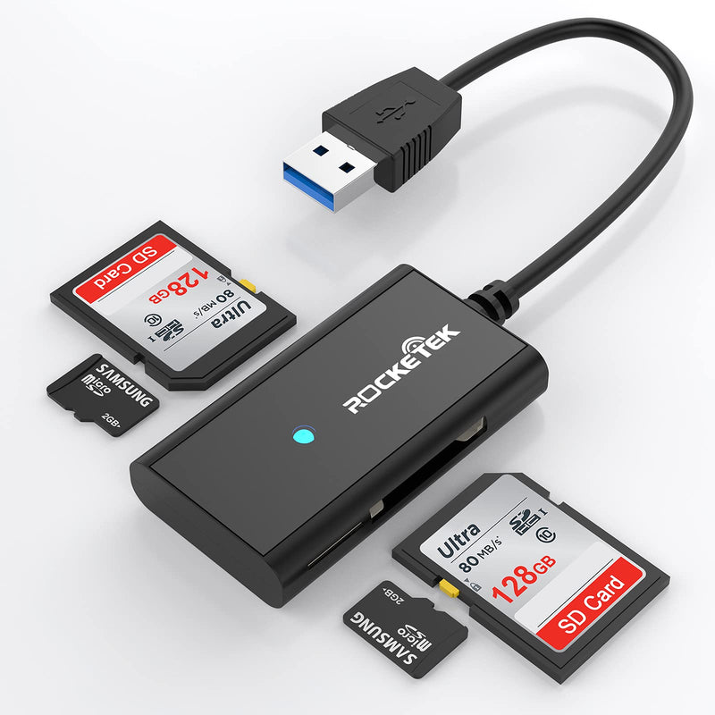 [Australia - AusPower] - USB 3.0 SD Card Reader, Rocketek 4 Slots Memory Card Reader with a 13CM Flexible USB Cord for SDXC/SDHC/UHS-I SD Cards, Micro SD Cards, MMC memory cards - Simultaneously Read 2 Different Memory Cards 