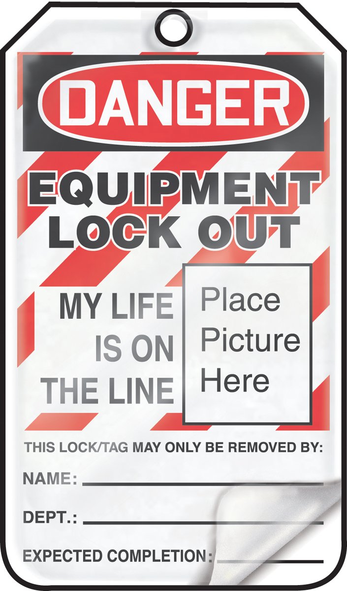 [Australia - AusPower] - Accuform Lockout Tags, Pack of 25, Danger Equipment Lock Out My Life is on the Line with Picture Insert, US Made OSHA Compliant Tags, Tear & Water Resistant Self-Laminating PF-Cardstock with Grommets, 5.75"x 3.25", MLT603LCP 
