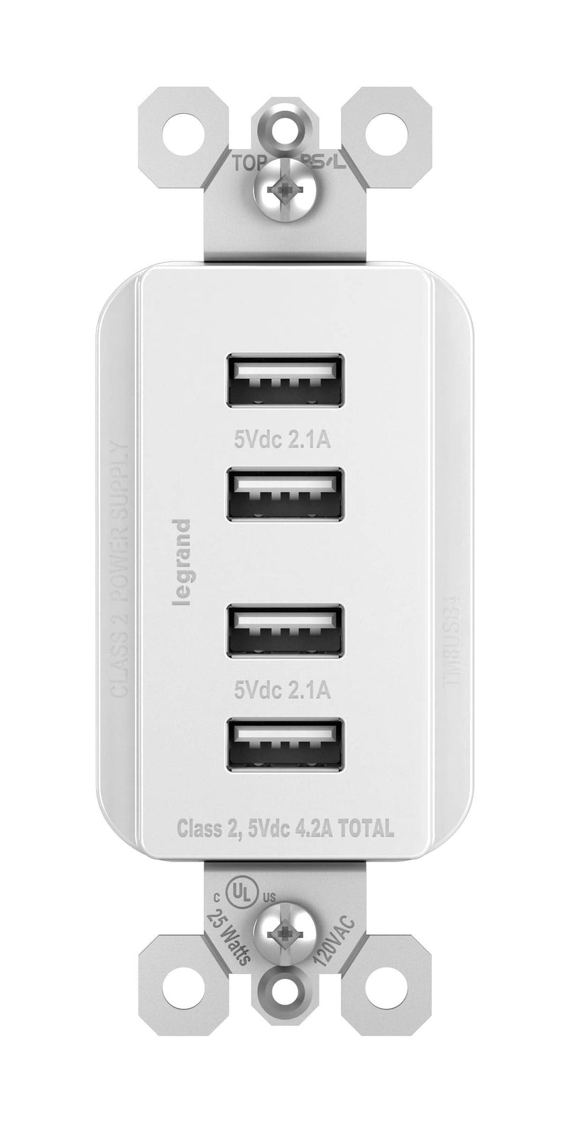 [Australia - AusPower] - Legrand Radiant 15 Amp Decorator Wall Outlet with 4.2 Amp USB Charger, Quad, Multi Port Charging Station, White, TM8USB4WCC6 