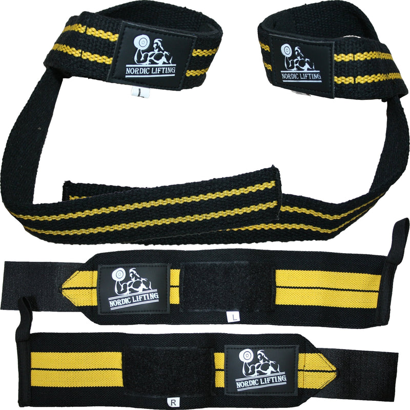 [Australia - AusPower] - Wrist Wraps + Lifting Straps Bundle (2 Pairs) for Weightlifting, Cross Training, Workout, Gym, Powerlifting, Bodybuilding - Support for Men/Women, Avoid Injury During Weight Lifting Black/Yellow 