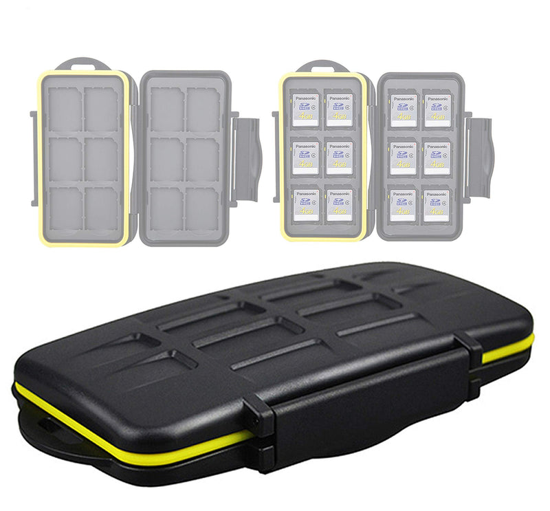 [Australia - AusPower] - JJC MC-SD12 Ruggard SD Card Case, Shockproof SD Card Case, Water-Resistant SD Card Case, Rubber Sealed Ergonomic Locking Easy Carrying Memory Card Case Fits 12 SD Cards Black 