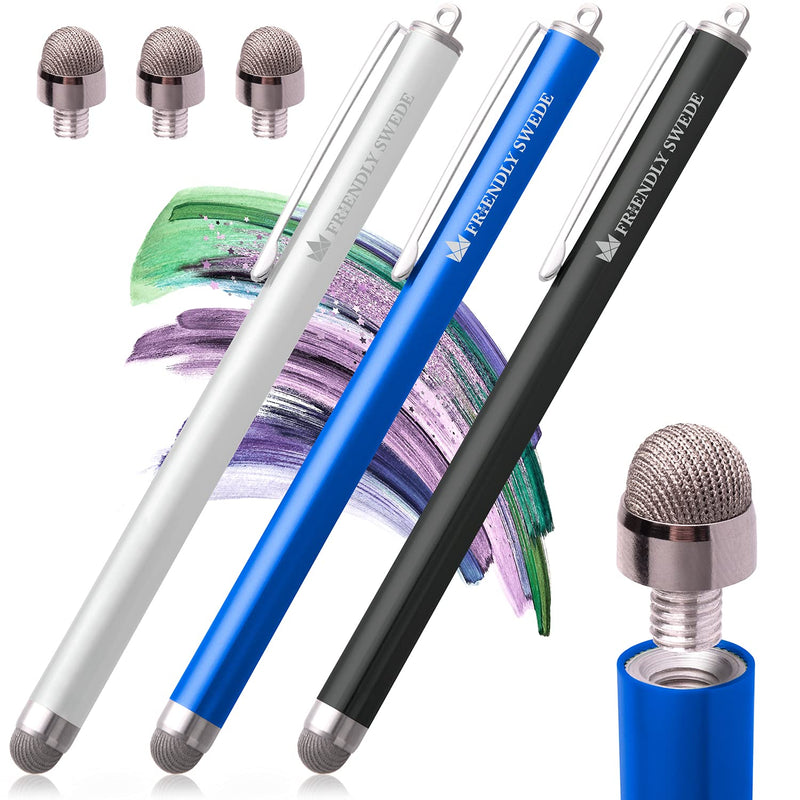 [Australia - AusPower] - The Friendly Swede Stylus Pens for Touch Screens - Micro-Knit Mesh Tip Capacitive Stylus Pen for Tablets and Phone, with Replaceable Fiber Tip Design (3 Pack) Black + White + Dark Blue 