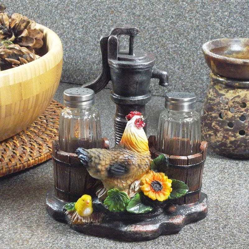 [Australia - AusPower] - Farm Chicken and Old Fashioned Water Pump Glass Salt and Pepper Shaker Set with Holder Figurine in Country Kitchen Rooster Decor, Sculptures and Statues and Rustic Gifts for Farmers 