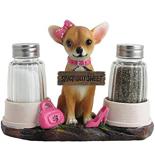 [Australia - AusPower] - Pretty in Pink Girl Chihuahua Glass Salt and Pepper Shaker Set with Holder Figurine in Dog Statues & Sculptures and Decorative Southwestern Kitchen Decor Gifts 