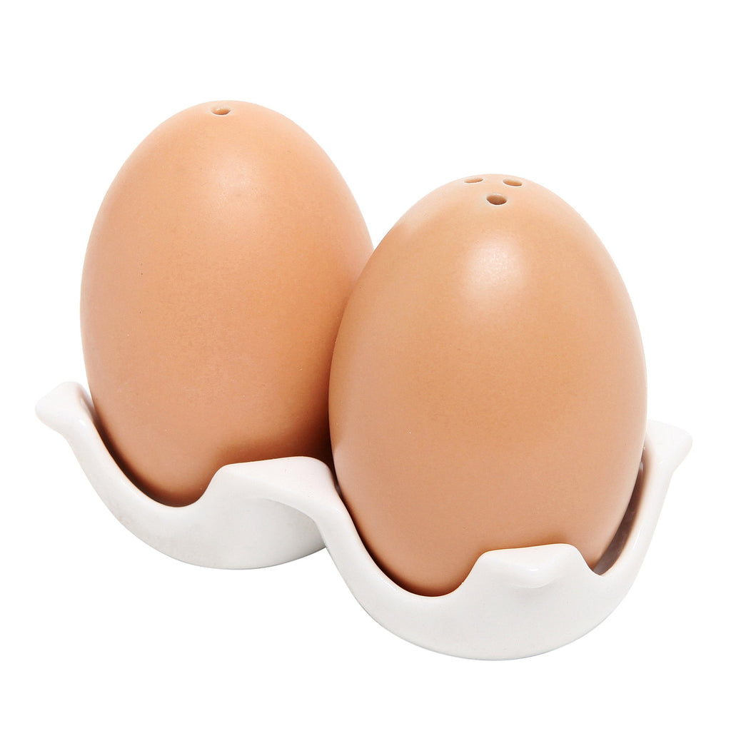 [Australia - AusPower] - MyGift Ceramic Salt and Pepper Shaker Set, Mini Brown Egg Shaped Shakers with Carton Design Holding Stand, 3 Piece 