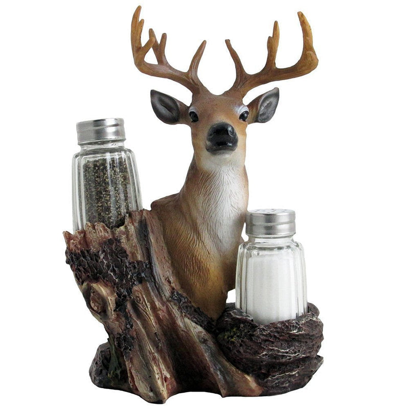 [Australia - AusPower] - Rustic Deer Glass Salt and Pepper Shaker Set with Decorative Big Buck Holder in Kitchen Spice Racks, Cabin and Hunting Lodge Decor and Gifts for Hunters 