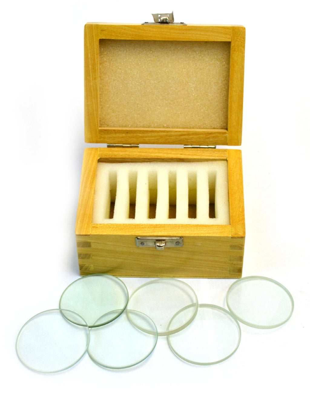[Australia - AusPower] - Glass Lenses Set of Six in Wooden Case - 50 mm Dia, 3 Double Convex (20, 30, 50cm FL) and 3 Double Concave (20, 30, 50cm FL) - Eisco Labs 