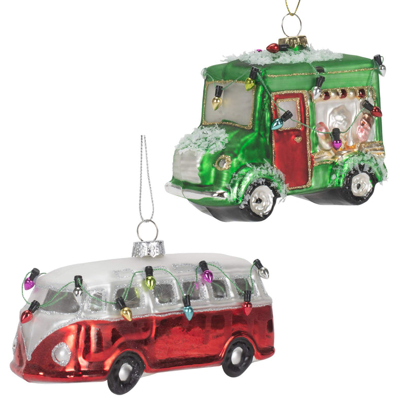 [Australia - AusPower] - Green Food Truck and Red Retro Van 3.75 inch Glass Holiday Hanging Ornament Set of 2 