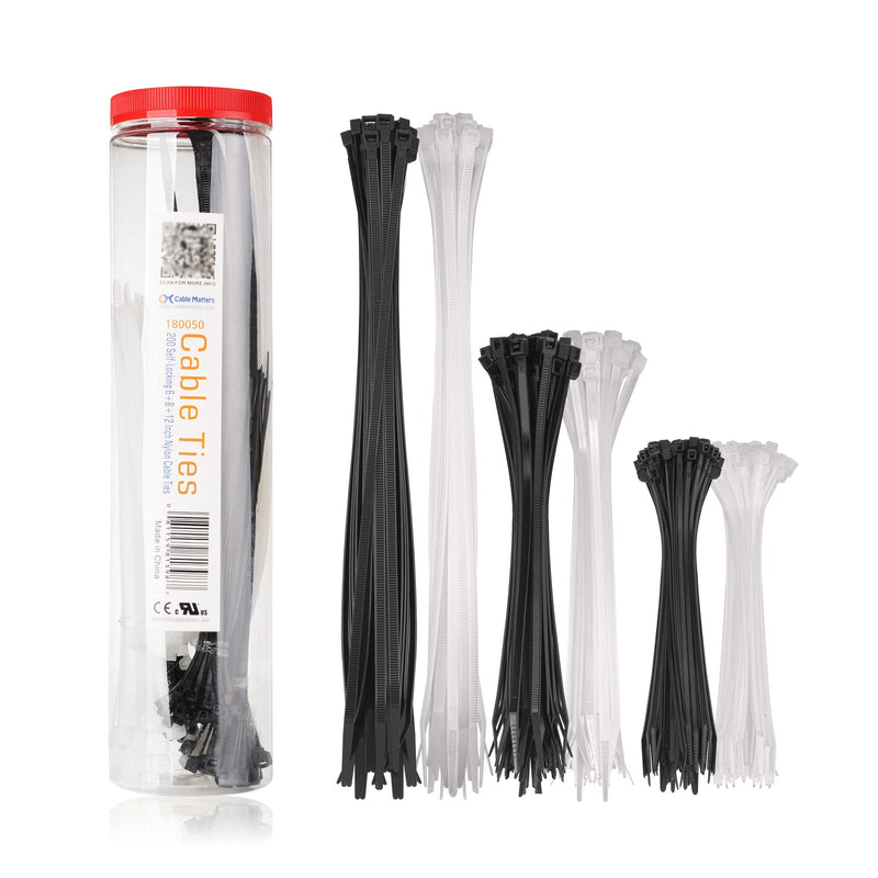 [Australia - AusPower] - Cable Matters 200-Pack Indoor and Outdoor 6, 8,12-Inch Self-Locking Nylon Zip Ties Assorted Sizes (Tie Wraps, Cable Ties, Zipties) in Black and White 
