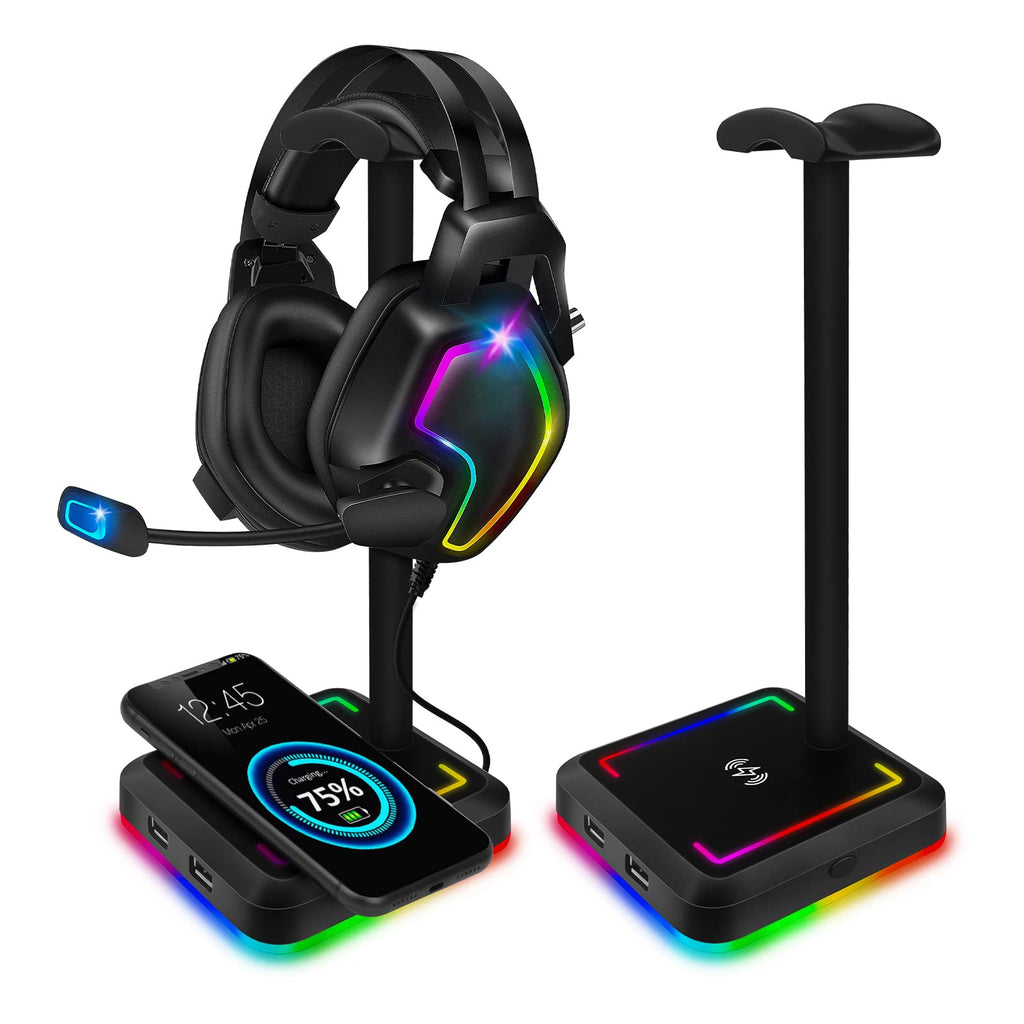 [Australia - AusPower] - Headphone Stand with Wireless Charger TEEDOR RGB Gaming Headset Holder Hanger Rack with 10W/7.5W QI Charging Pad & 2 USB Charger Ports for Desktop PC Game Earphone Accessories, Black 