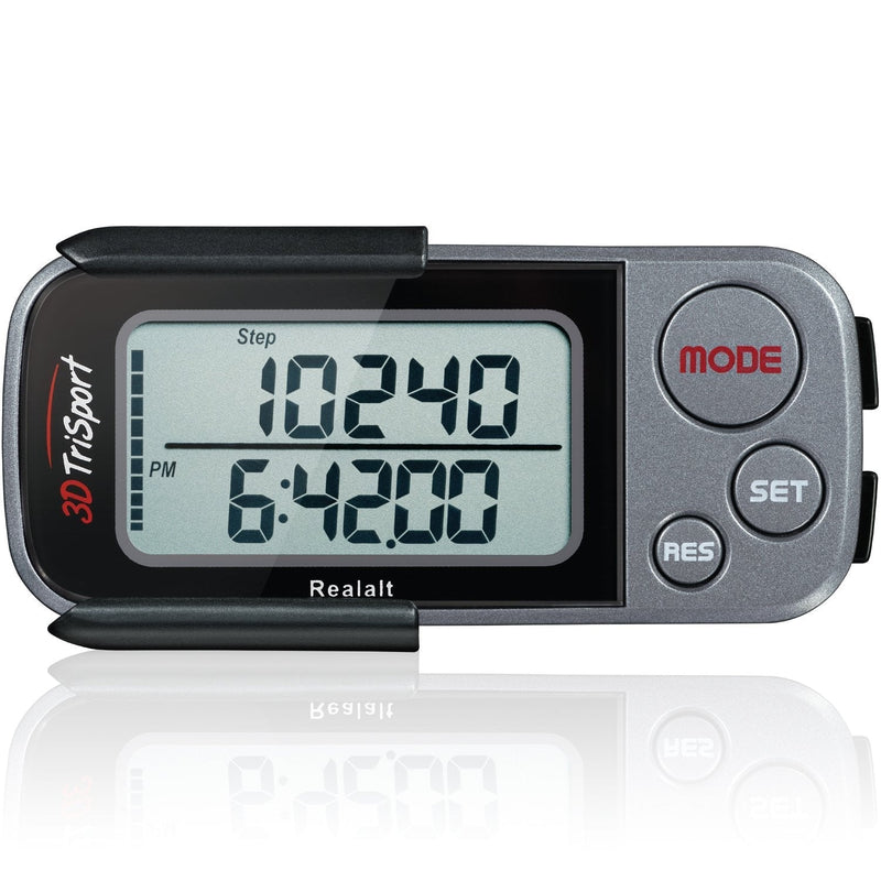 [Australia - AusPower] - Realalt 3DTriSport Walking 3D Pedometer with Clip and Strap, Free eBook | 30 Days Memory, Accurate Step Counter, Walking Distance Miles/Km, Calorie Counter, Daily Target Monitor, Exercise Time. Grey/Black 