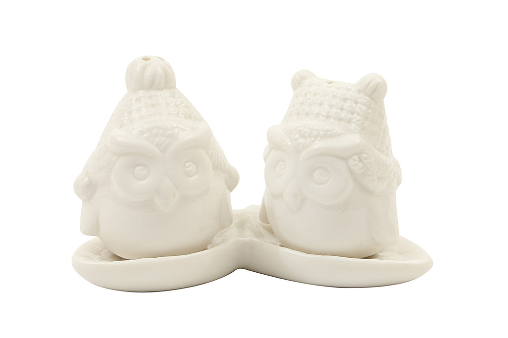 [Australia - AusPower] - Creative Co-Op Ceramic Owl Salt and Pepper Shakers with Tray (Set of 3), White 