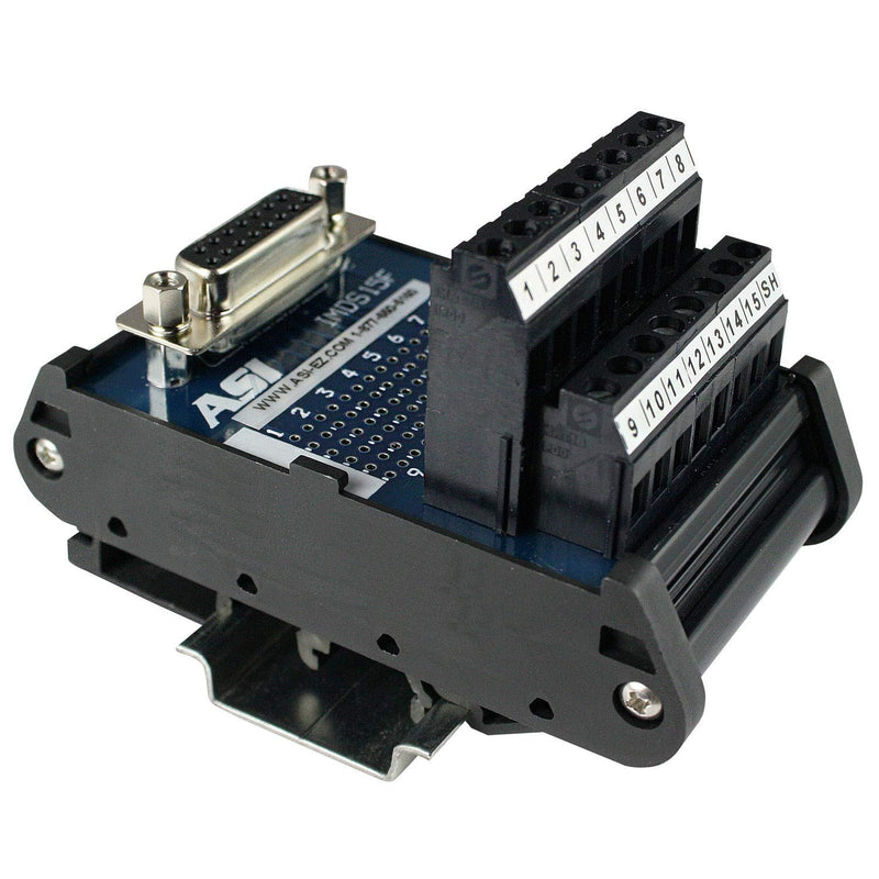 [Australia - AusPower] - ASI 11003 26 to 12 AWG IMDS15F DIN Rail Mount Interface Module, Cable to Wire Transition, 15 Position Female D-Sub Connector to Screw Clamp Terminal Blocks, 1.99" Length 