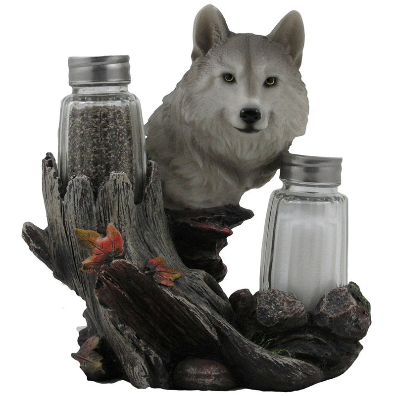 [Australia - AusPower] - Decorative Gray Wolf Glass Salt and Pepper Shaker Set with Holder Figurine for Cabin and Rustic Lodge Restaurant Bar or Kitchen Table Decor, Wildlife Animal Collectibles & Wolves Sculptures As Gifts 