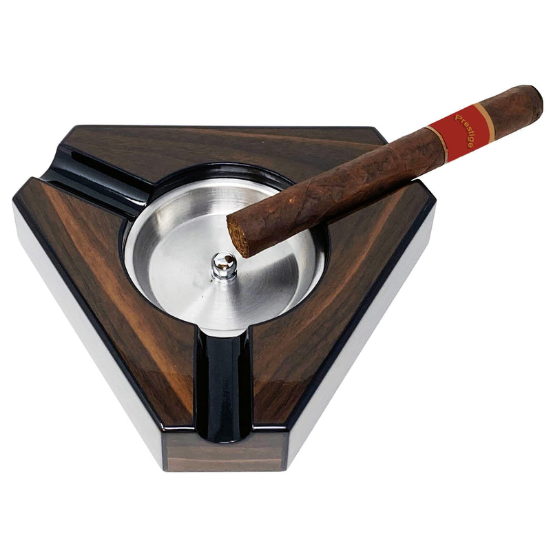 [Australia - AusPower] - Prestige Import Group - Triangular Maple Lacquer 3 Cigar Ashtray - Dark Maple Wood and Black Accents 