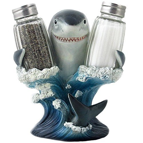 [Australia - AusPower] - Decorative Great White Shark Glass Salt and Pepper Shaker Set with Holder Figurine for Beach Bar or Tropical Kitchen Decor Sculptures & Table Decorations by Home 'n Gifts 