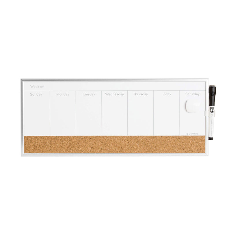 [Australia - AusPower] - U Brands 362U00-04 Magnetic Dry Erase/Cork Weekly Calendar Board, 18 x 7.5 Inches, Silver Aluminum Frame, White 18'' x 7.5'' 