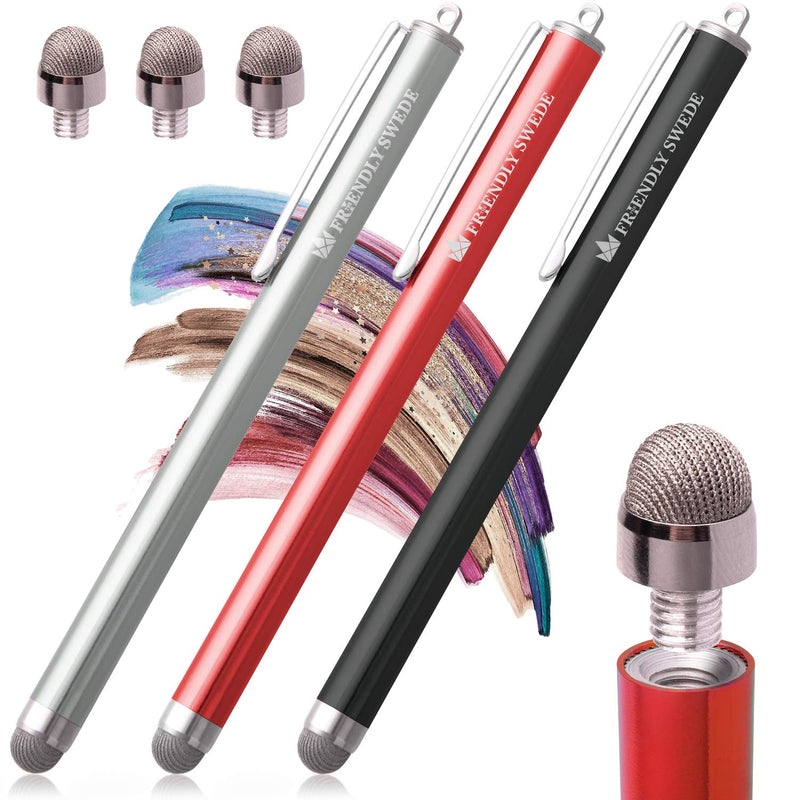 [Australia - AusPower] - The Friendly Swede Stylus Pens for Touch Screens - Micro-Knit Mesh Tip Capacitive Stylus Pen for Tablets and Phone, with Replaceable Fiber Tip Design (3 Pack) Red + Black + Silver 