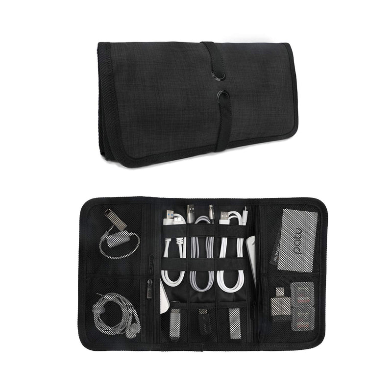 [Australia - AusPower] - Patu Roll Up Electronics Accessories Travel Gear Organizer Case, Black - Portable Universal External Batteries Hard Drives Cable Management Healthcare Cosmetics Kit Bag 