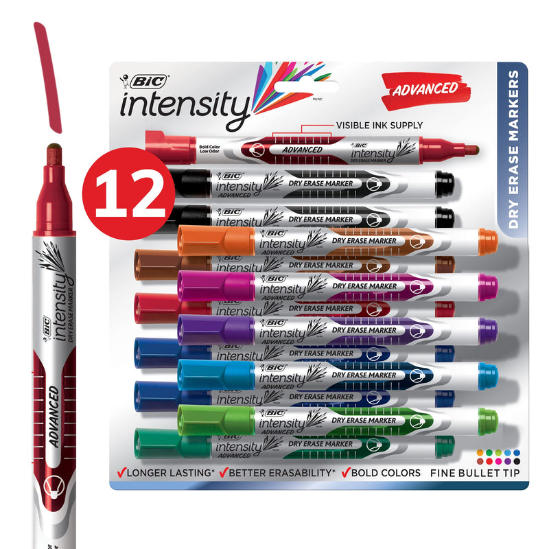 [Australia - AusPower] - BIC Intensity Advanced Colorful Dry Erase Markers, Fine Bullet Tip, 12-Count Pack of Assorted Colors, Whiteboard Markers for Teachers and Office Supplies 