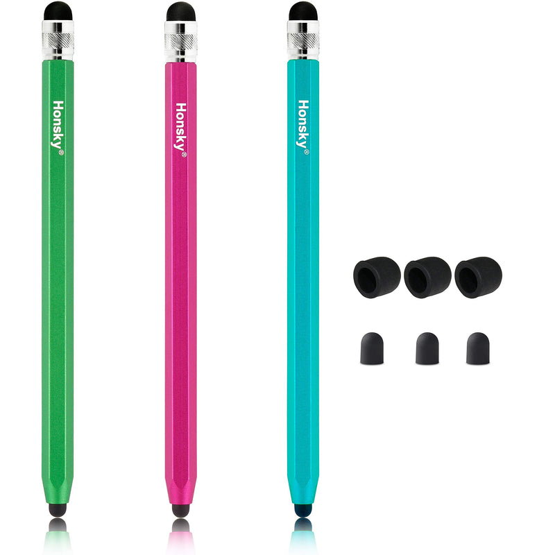 [Australia - AusPower] - Honsky Cell Phone Stylus, Tablet Stylus for Touch Screens: Universal Slim Long Metal Pencil-Like Stylist Pens, Tablet Pen, Touchscreen Stylus Pen - Blue, Hot Pink, Green - Six Sided, 3 Packs Blue,Hot Pink,Green 