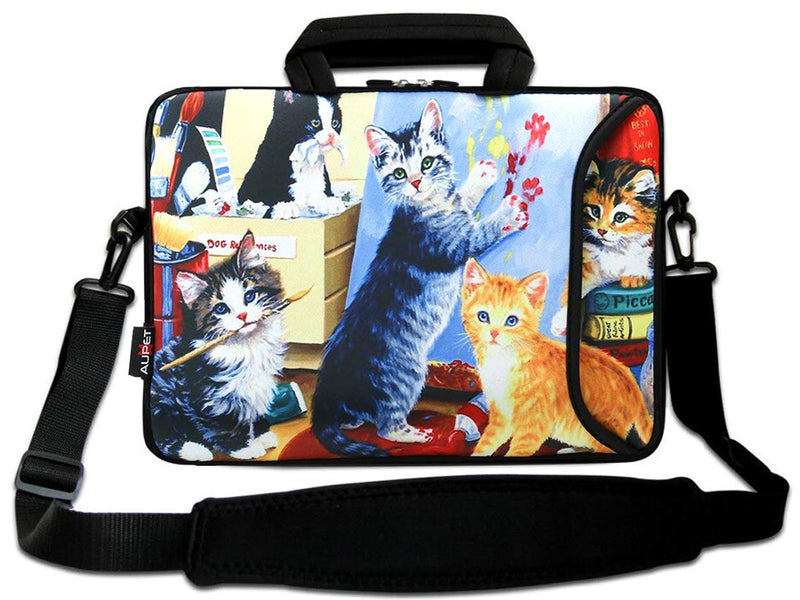 [Australia - AusPower] - AUPET 16 16.5 17-17.3-Inch Water Resistant Neoprene Sleeve Notebook Neoprene Messenger Case Tote Bag with Outside Handle and Adjustable Shoulder Strap & Extra Pocket(Nice Cat Painting) Fp-shb17-007 