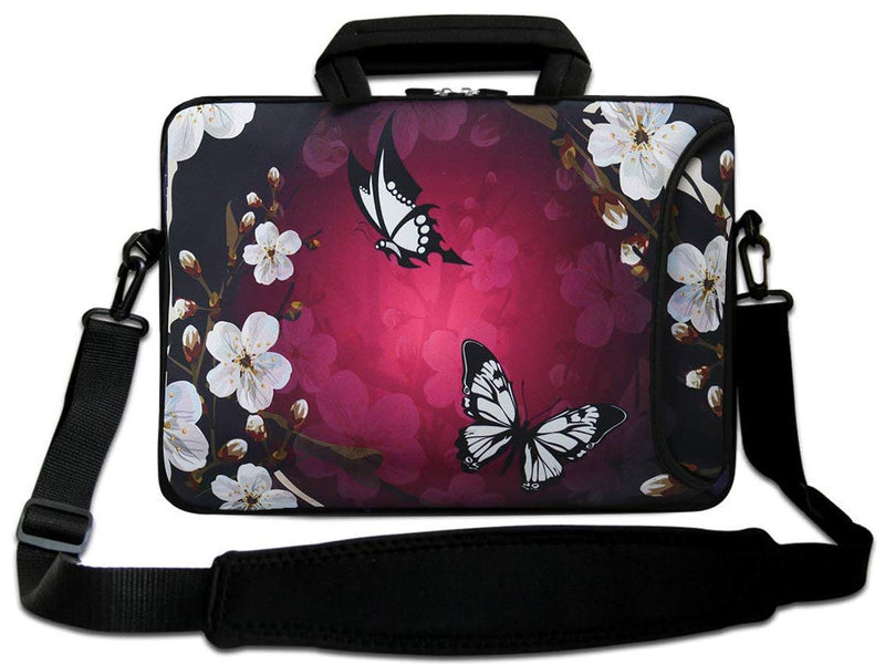 [Australia - AusPower] - AUPET 16 16.5 17-17.3-Inch Water Resistant Neoprene Sleeve Notebook Neoprene Messenger Case Tote Bag with Outside Handle and Adjustable Shoulder Strap & Extra Pocket(Butterfly and Flower) Fp-shb17-010 