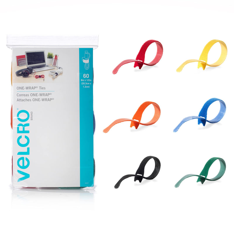[Australia - AusPower] - VELCRO Brand ONE-WRAP Cable Ties | 60Pk | 8 x 1/2" Straps, Multicolor | Strong Reusable Wire Management | Cord Bundling for Home Office and Data Centers Multi Color 60 Ties 8in x 1/2in 