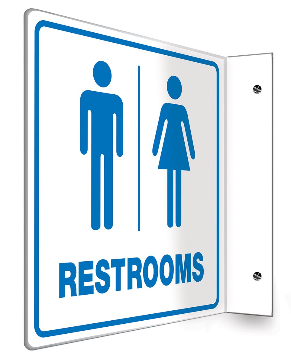 [Australia - AusPower] - Accuform"Restrooms", 90D Projection Sign, 8" x 8" Panel, 0.10" Thick High-Impact Plastic, Pre-Drilled Mounting Holes, Blue on White 