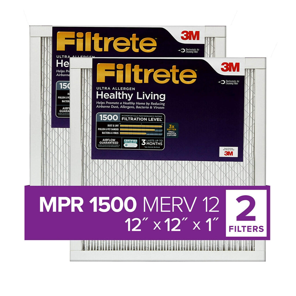 [Australia - AusPower] - Filtrete 12x12x1, AC Furnace Air Filter, MPR 1500, Healthy Living Ultra Allergen, 2-Pack (exact dimensions 11.81 x 11.81 x 0.78) 