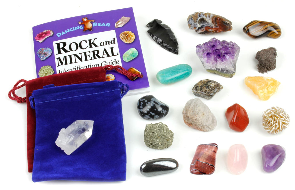 [Australia - AusPower] - Dancing Bear Rock and Mineral Geology Education Collection - 18 Pcs of Gem Stones w Identification Book. Box and 2 Velvet Pouches Included! Geology Gem Kit for Kids 