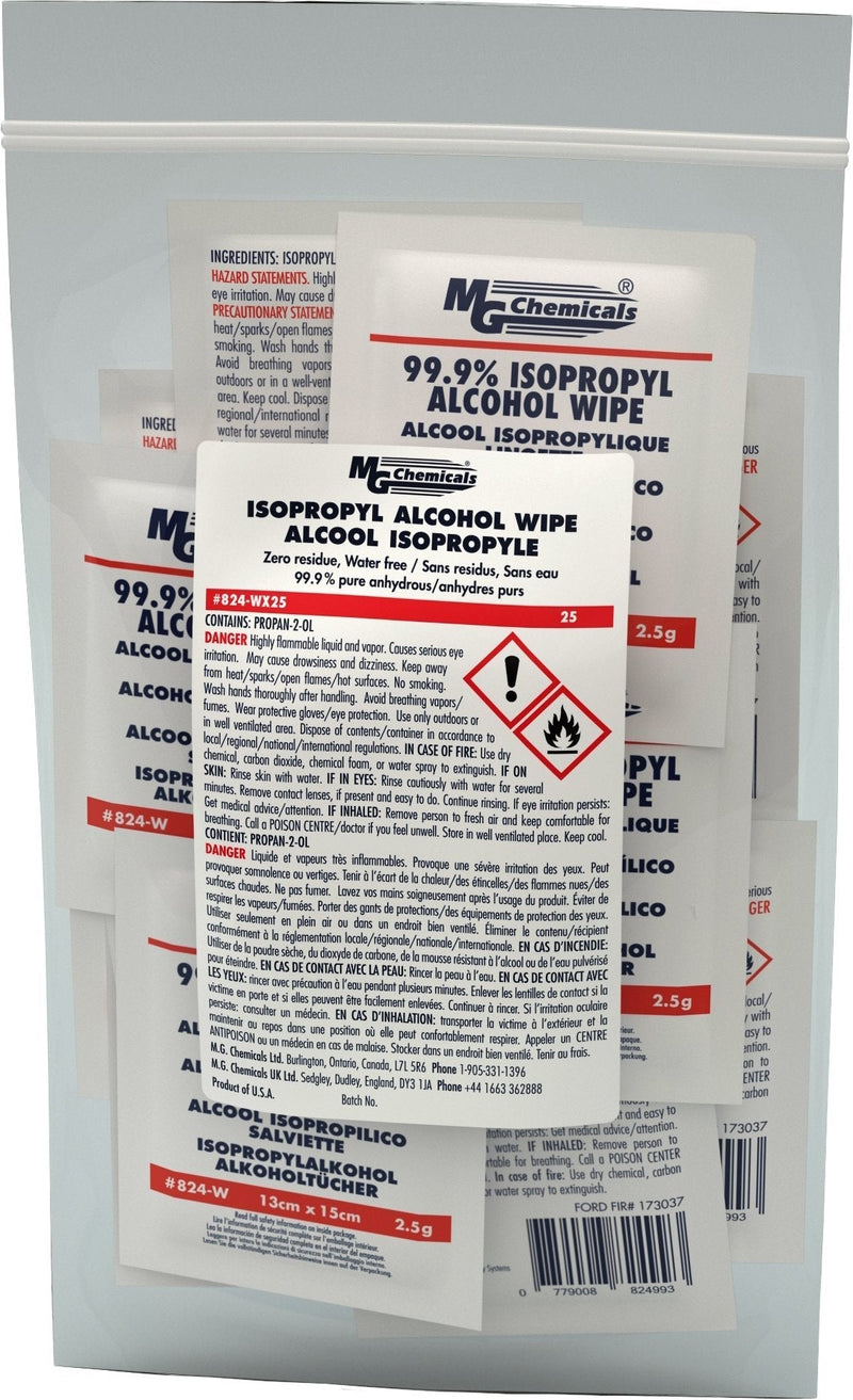 [Australia - AusPower] - MG Chemicals 99.9% Isopropyl Alcohol Wipe, 6" Length x 5" Width (Bag of 25) (824-WX25) 