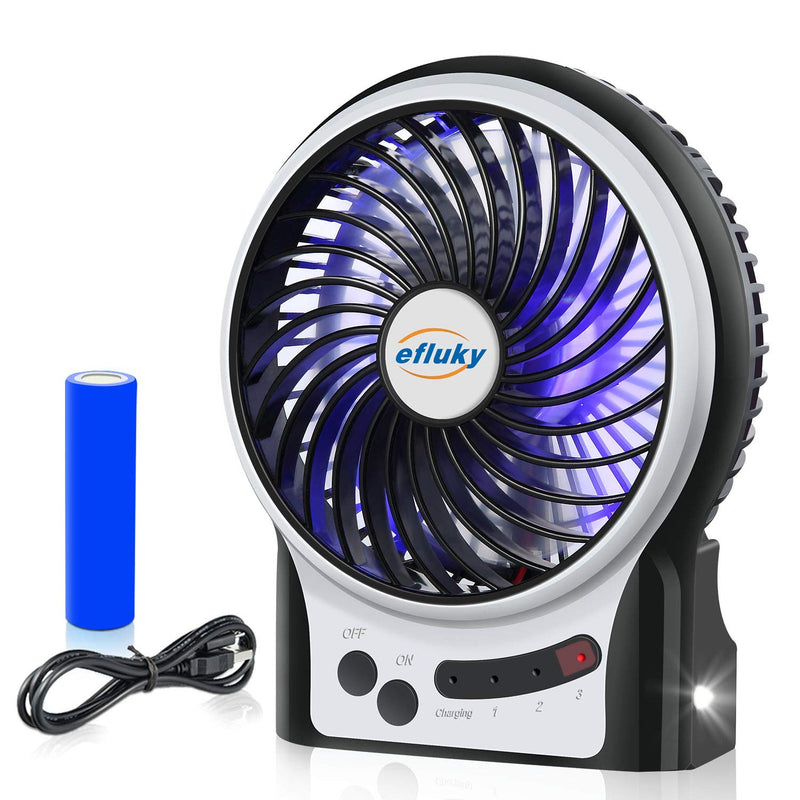 [Australia - AusPower] - efluky 3 Speeds Mini Desk Fan, Rechargeable Battery Operated Fan with LED Light and 2200mAh Battery, Portable USB Fan Quiet for Home, Office, Travel, Camping, Outdoor, Indoor Fan, 4.9-Inch, Black 