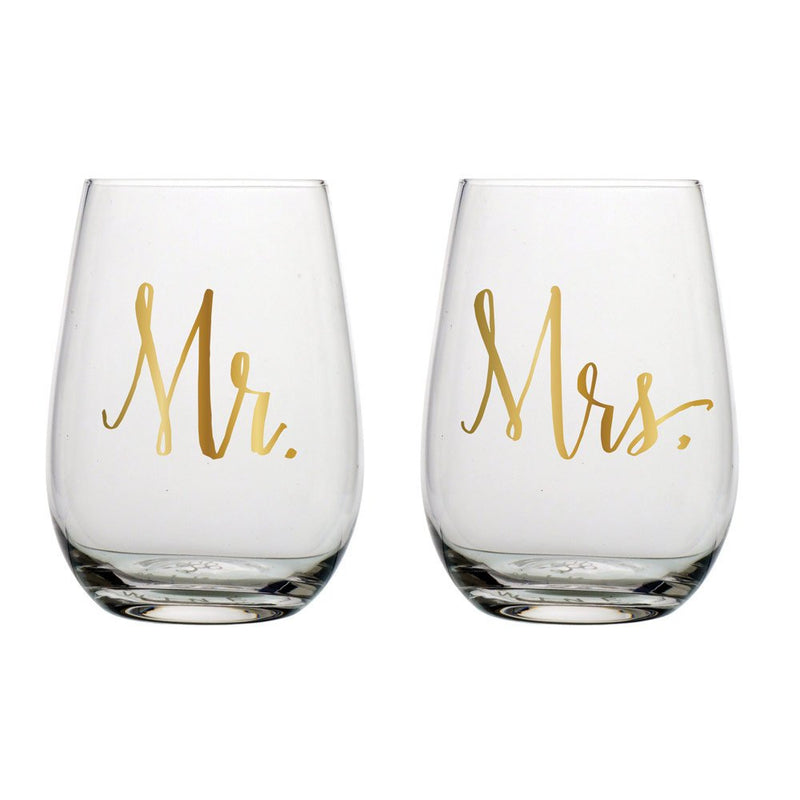 [Australia - AusPower] - Slant Set of 2 Stemless Wine Glass 20 oz. 3.5 x 5"H Mr. & Mrs. 