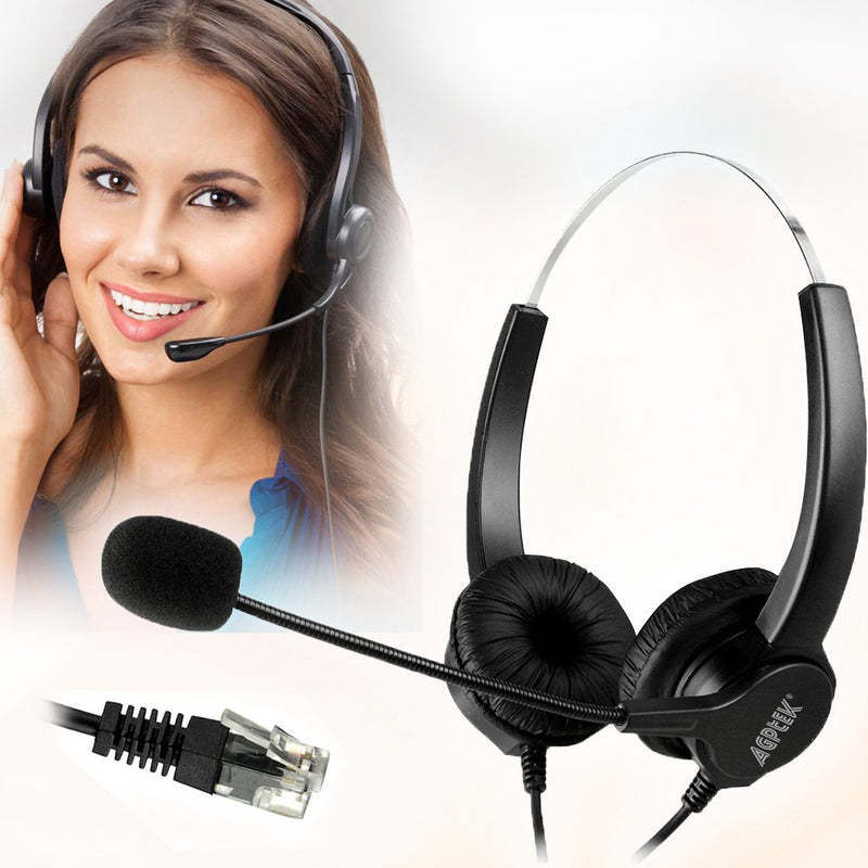 [Australia - AusPower] - AGPTEK Hands-Free Call Center Noise Cancelling Corded Binaural Headset Headphone with 4-Pin RJ9 Crystal Head and Mic Microphone for Desk Phone - Telephone Counselling Services, Insurance, Hospitals 4-Pin RJ9 Binaural Headset 