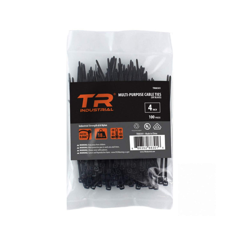 [Australia - AusPower] - TR Industrial Multi-Purpose UV Resistant Black Cable Ties, 4 inches, 100 Pack 4" 