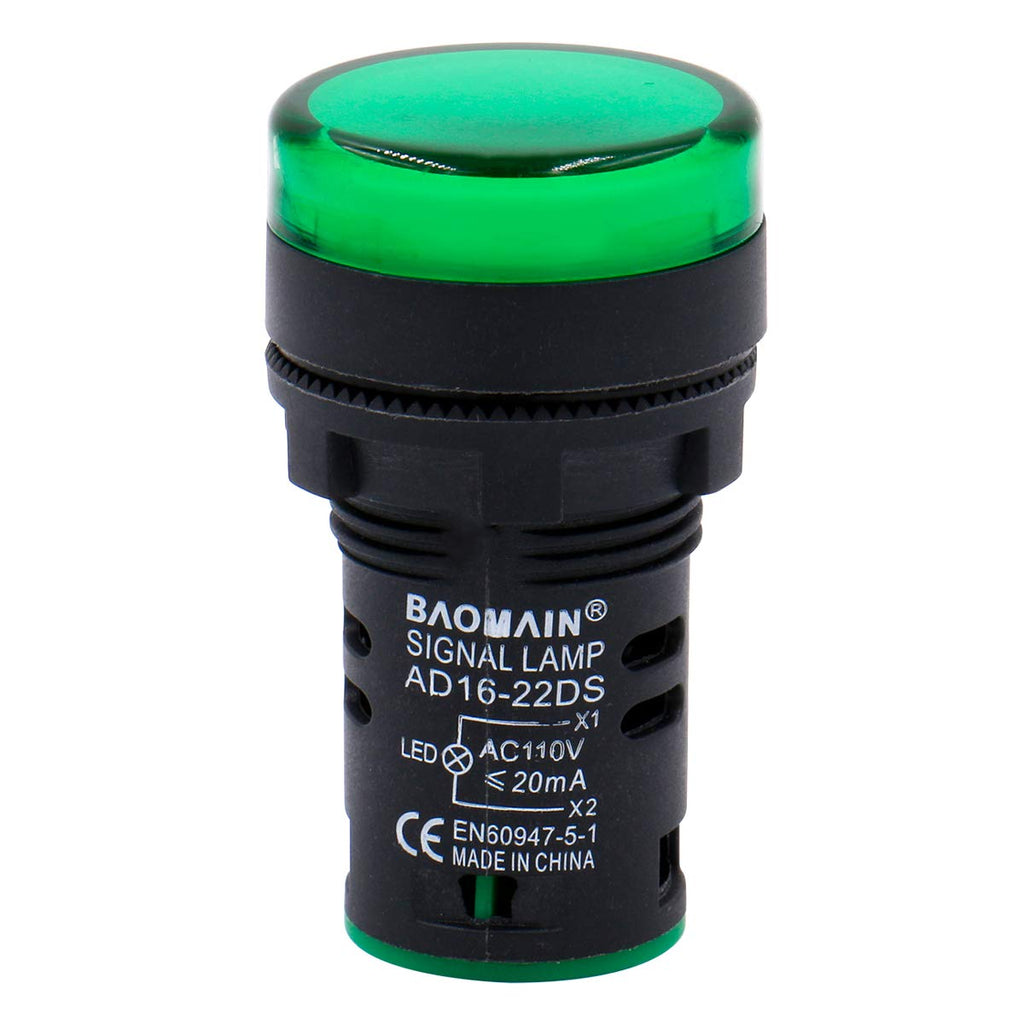 [Australia - AusPower] - Baomain LED Indicator Pilot Light AD16-22D AC 110V 20mA Energy Saving Green Pack of 2 