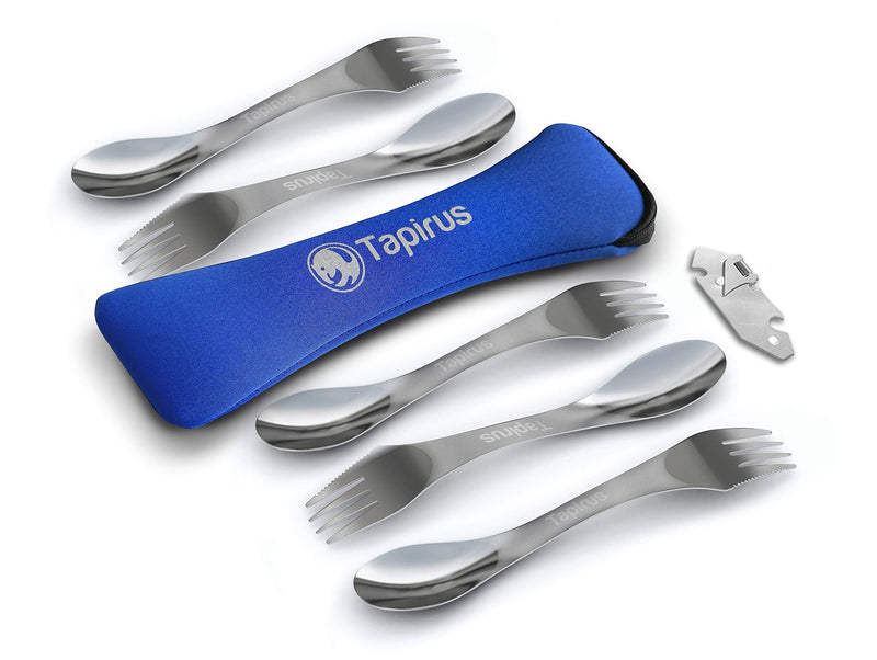 [Australia - AusPower] - Tapirus 5 Spork Of Steel Utensils Set | Durable & Rust Proof Stainless Steel | Spoon, Fork & Knife Flatware | For Camping, Fishing, Hunting & Outdoor Activities | With Bottle Opener & Carrying Case 