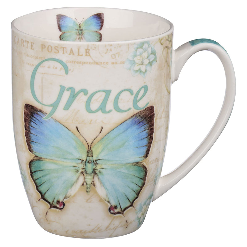 [Australia - AusPower] - Amazing Grace Butterfly Mug – Botanic Teal and Blue Butterfly Coffee Mug w/ Ephesians 2:8, Bible Verse Mug for Women and Men – Inspirational Coffee Cup and Christian Gifts (12-ounce Ceramic Cup) 