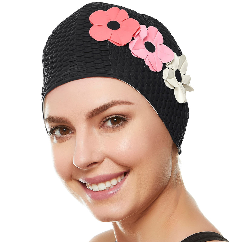 [Australia - AusPower] - BEEMO Swim Bathing Caps for Women Latex Swim Hat Triple Flowers Long/Short Hair Black / Pink and White Flowers 