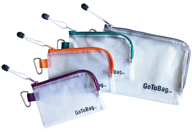 [Australia - AusPower] - 4 Pack Organizer Storage Packing Bags by GoToBag - Clear Water Resistant Solid Reinforced PVC Mesh Plastic with Zipper Closure - for Travel, Office, School, Arts and Craft, Purse, Cables, All-Purpose 4 Pack Grey, Orange, Eggplant Purple, Fir Green 