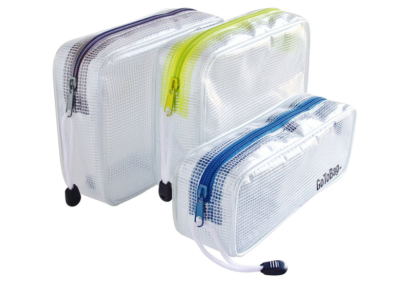 [Australia - AusPower] - 3 Pack Organizer Storage Packing Bags by GoToBag - Clear Water Resistant Solid Reinforced PVC Mesh Plastic with Zipper Closure - for Travel, Office, School, Arts and Craft, Purse, Cables, All-Purpose 3 Pack Grey, Lime Green, Blue 