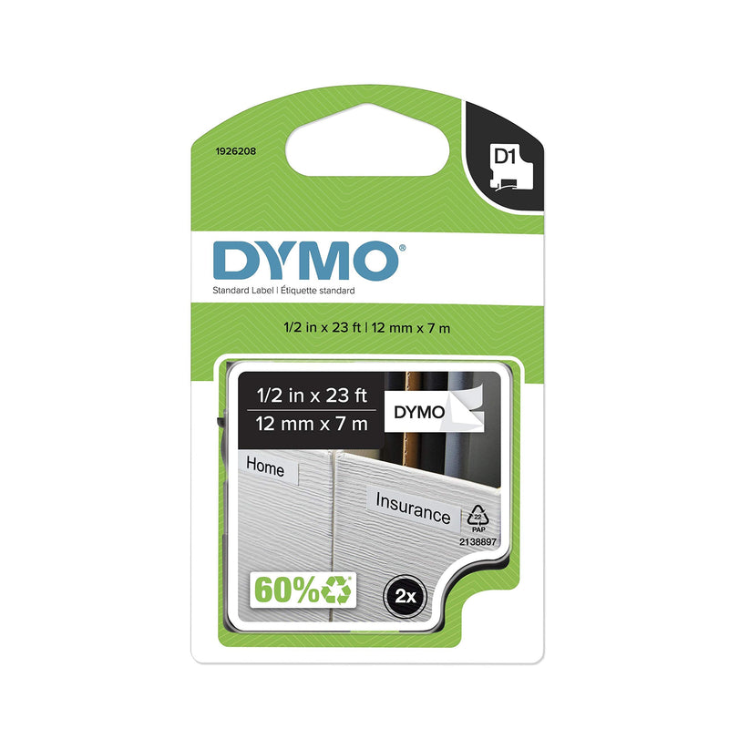 [Australia - AusPower] - DYMO Standard D1 Self-Adhesive Polyester Tape for Label Makers, 1/2-inch, Black Print on White, 23-Foot Cartridge, 2-Pack (1926208) 
